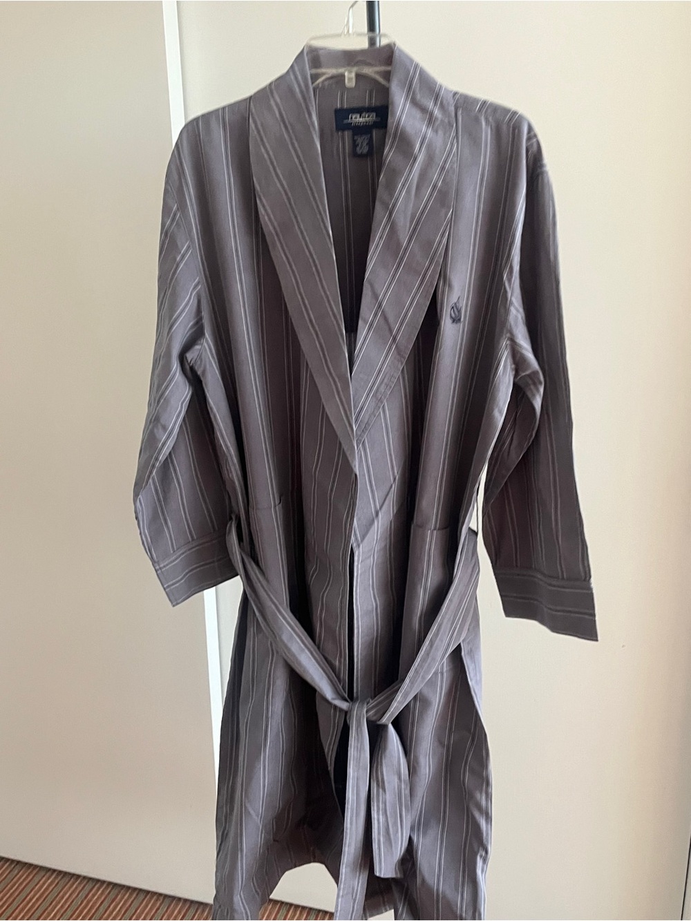 Nautica Mens Sleepwear Premium Cotton Robe Gray Striped Nightgown collar belt M